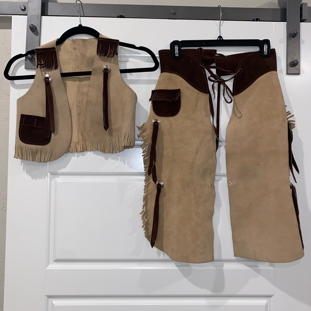 Youth Toddler Kids Suede Chaps Vest Cowboy Western Set Brown Conchos Costume